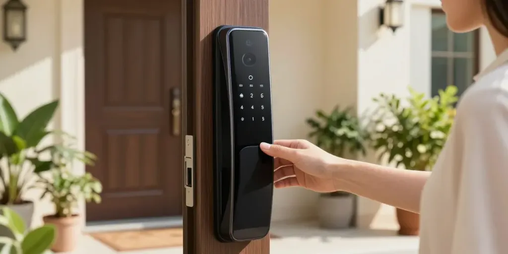 Explore خرید قفل هوشمند options with a modern smart lock installation at a stylish home entrance.