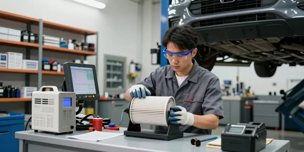 DPF Reinigung Hannover in einer professionellen Werkstatt mit Techniker und Reinigungsgeräten.