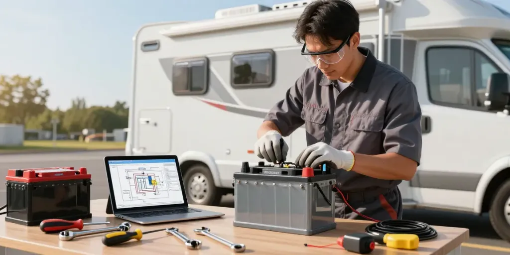 Technician installing a 12-volt battery in an RV workshop with tools and tablet.