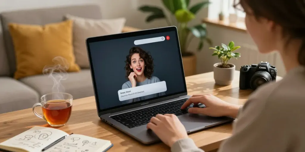 Engaging in free ai sex chat through a laptop in a cozy digital workspace.