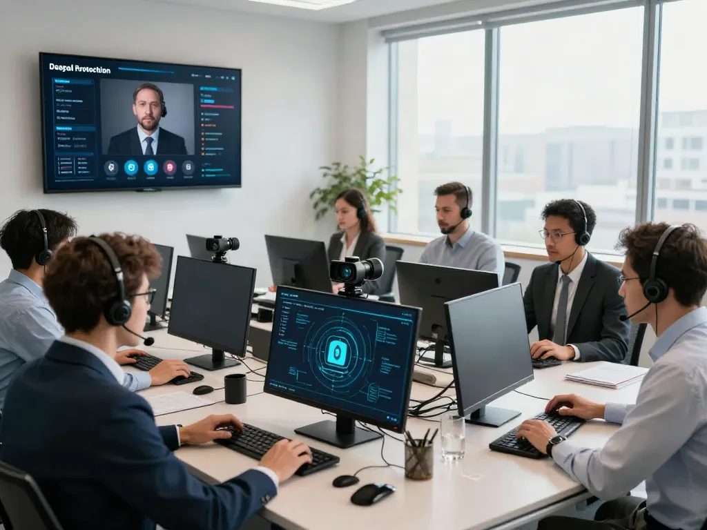 Professionals engaged in deepfake protected online video calls in a modern office.