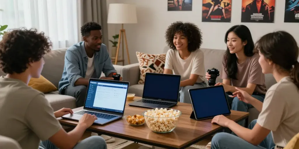 Amis profitant d'une soirée cinéma avec l'application Senpai Stream en action dans un salon confortable.
