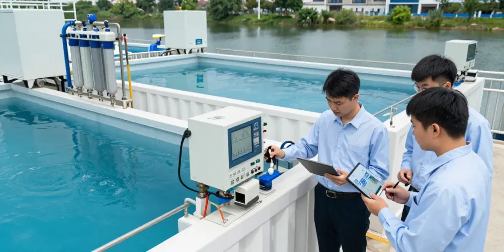 Engineers evaluating a containerized water treatment system, showcasing advanced water technology by a leading Water Treatment System Manufacturer.