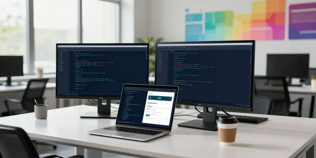 Receive SMS online in a modern tech workspace with dual monitors and smartphone notifications.