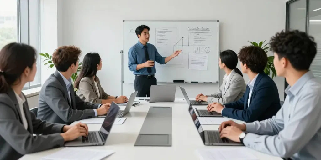 Dynamic scene of executive leadership coaching in a team meeting.