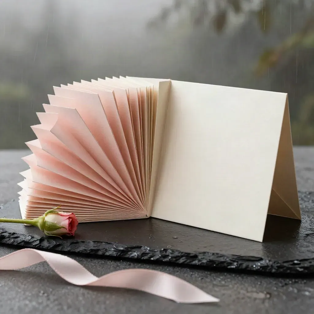 Blush birthday card set with cream envelopes, ribbon, rose stem, and an open sample card on black stone.