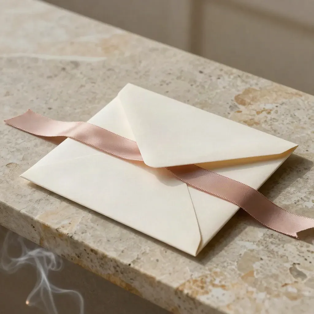 Half-open wedding invite suite on travertine with blush silk ribbon and soft candle smoke.