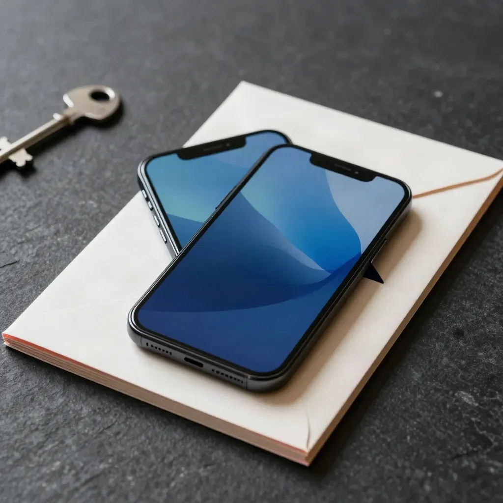 Phone, blank paper mockup and cream envelope lit in a moody studio glow