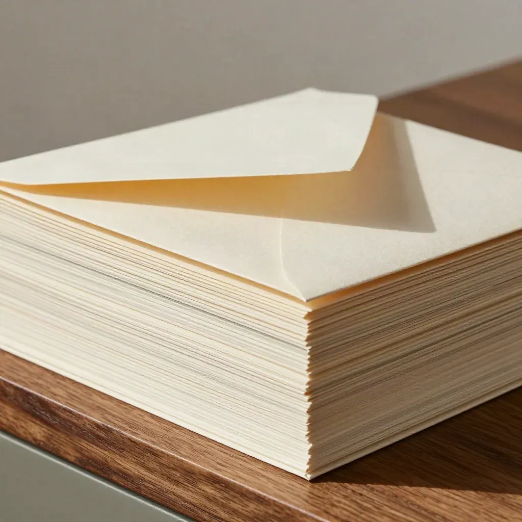 Cream envelopes stacked in raking-light macro, flap lifting, with sage accent and paper dust.