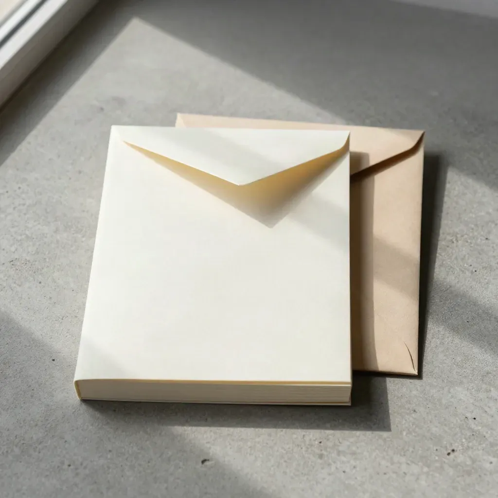 Cream stationery set with envelopes and a slightly askew notepad on concrete, top-down.
