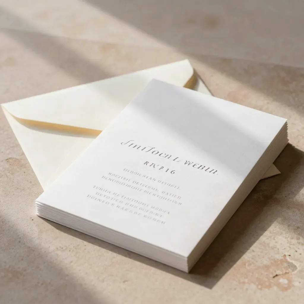 White wedding invite set with RSVP card and envelope on cream plaster, top card lifting in soft daylight.