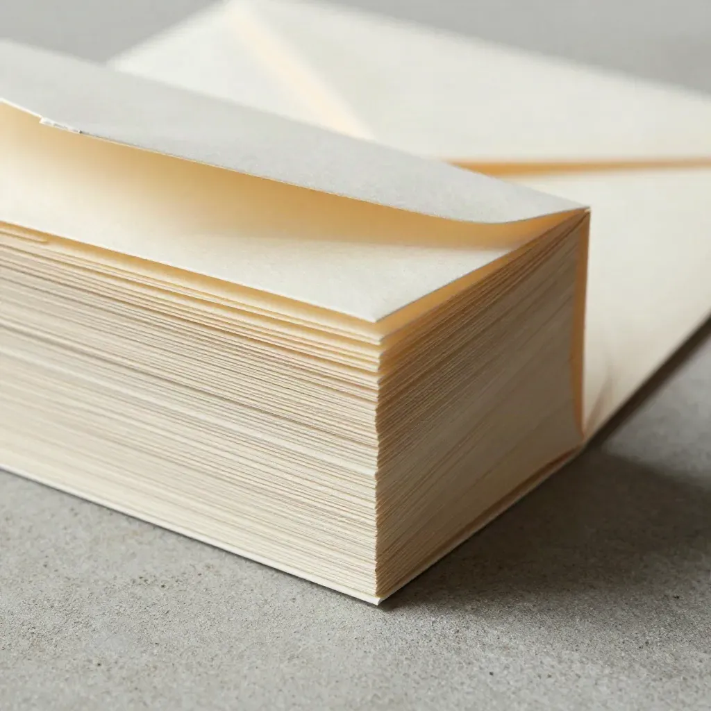 Side-view macro of a cream envelope pack with staggered tips and one half-withdrawn envelope.