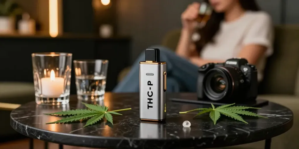 THC-P Liquid Diamond disposable on a sleek table, with cannabis leaves.