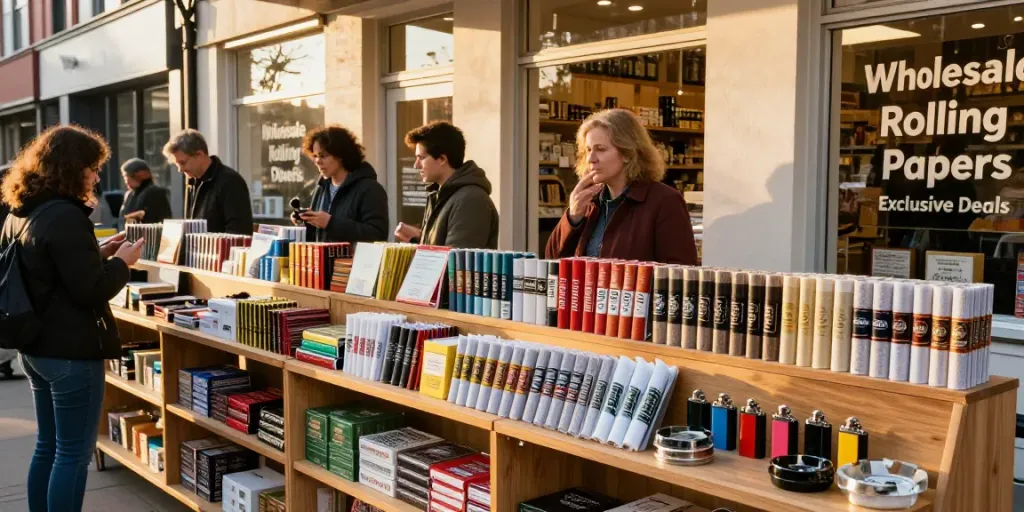 Engaging storefront displaying various wholesale rolling papers and smoking accessories.