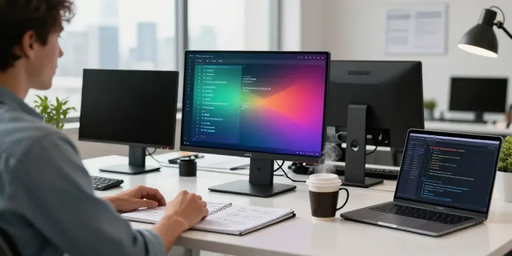 AI long tail keyword content generator in a tech workspace with stylish monitors and creative brainstorming