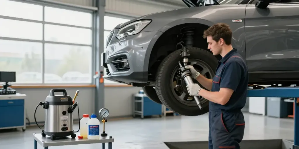 DPF reinigung hannover, technician cleaning a diesel particulate filter in a modern workshop.
