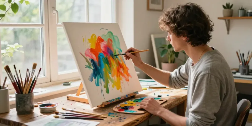 Artist painting vibrant colors in a creative studio, showcasing skintoto.