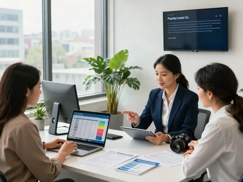 Financial agent advising couple about Payday Loans Co in modern office.