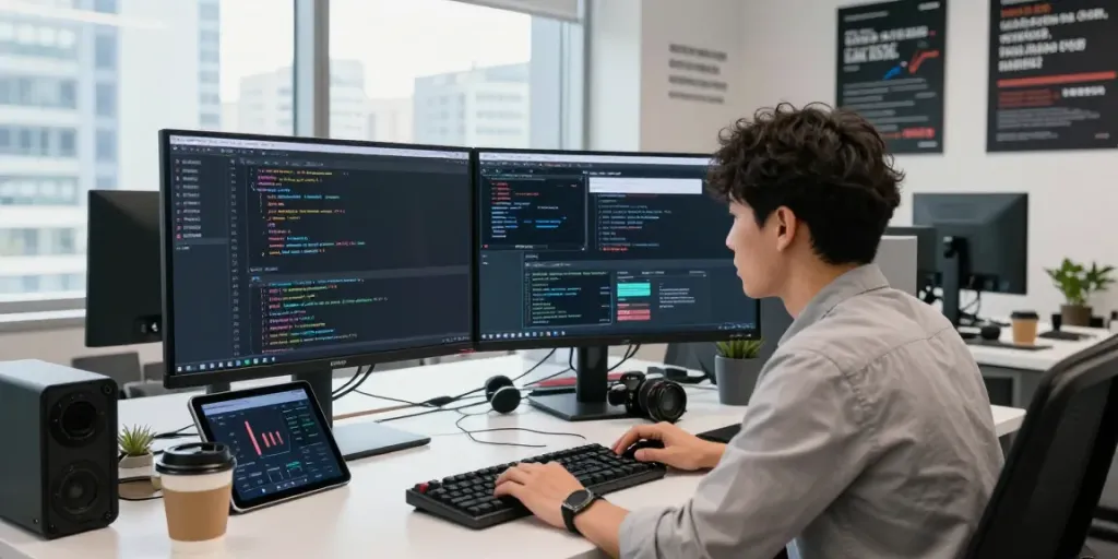 Developer reviewing 최신주소 on dual monitors in a tech office
