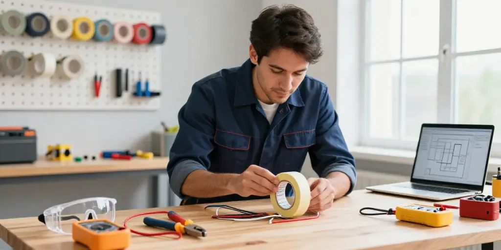 Applying Super33 electrical tape on wires in a tidy workshop.
