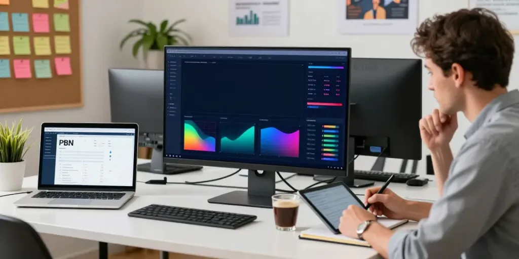 SEO expert analyzing PBN performance data on multiple screens, showcasing the best pbn hosting provider environment.